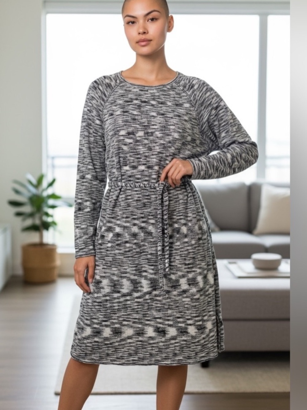 Brochu Walker Sweater Dress White Black Marled Linen Blend